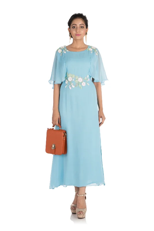 Hand Embroidered Sky Blue Tunic With Cape Sleeves