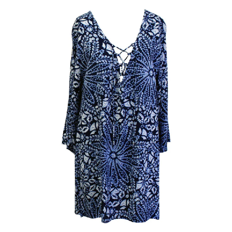 J Valdi Batik Lace Neck Tunic Coverup - Blue/White