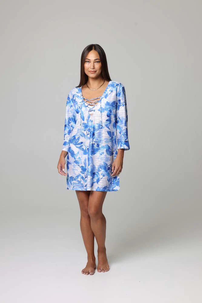 J Valdi Blue Bell Lace Neck Tunic Coverup - Blue Multi/White