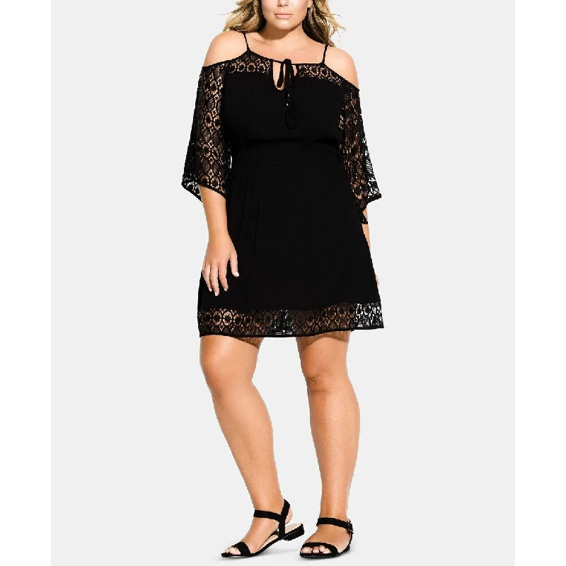 City Chic Women's Trendy Plus Size Crochet-Trim Tunic Coverup Black Size Extra Small