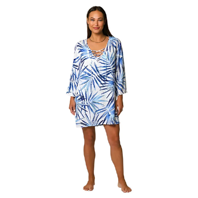 J Valdi Palm Lace Neck Tunic Coverup - Blue White