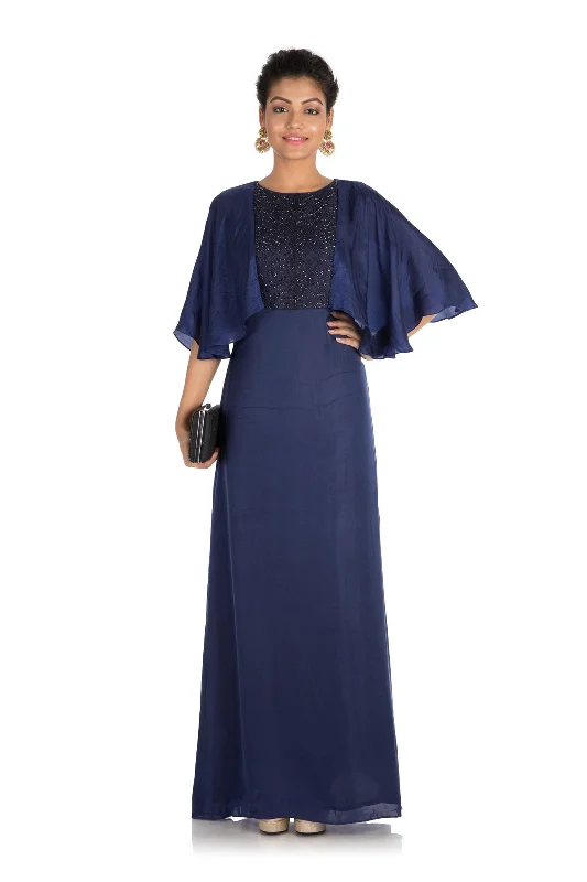 Hand Embroidered Midnight Blue Tunic With Cape Sleeves