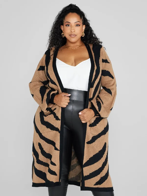 Elegant Hooded Cashmere SweatersMarguerite Tiger Print Long Cardigan Sweater