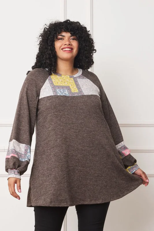 Plus Size Patchwork Panel Accent A-Line Tunic