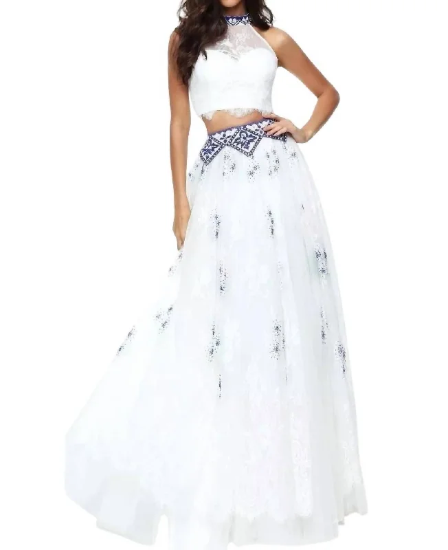 prom dresses with built-in petticoatsTwo-Piece Keyhole Prom Dress In Ivory/royal