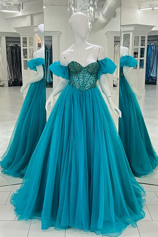 sparkly prom dressesBlue Off-the-Shoulder Beaded A-line Tulle Long Prom Dress