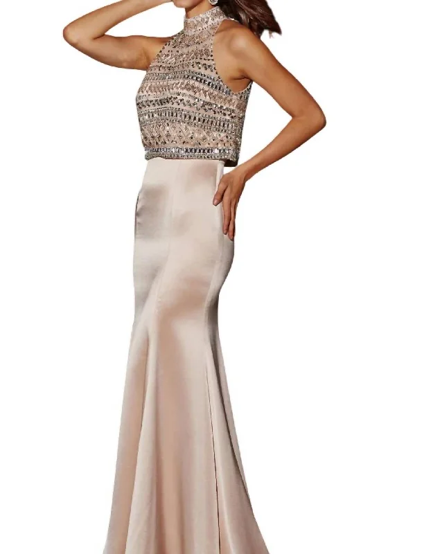 prom dresses with beaded accentsHigh-Neck Prom Dress In Pink Champagne