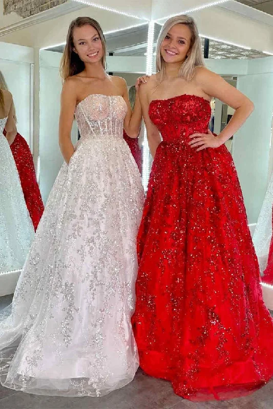 maxi prom dressesGlitter Strapless Red Long Prom Dress