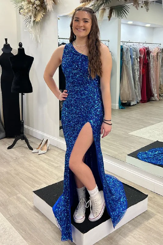 halter neck prom dressesRoyal Blue Mermaid One Shoulder Lace-Up Back Sequins Long Prom Dress with Slit