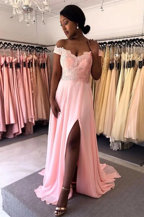 thigh-high slit prom dressesPink Off the Shoulder Long Prom Dress with Slit