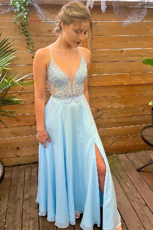 ready-to-wear prom dressesLight Blue Lace Plunge Neck A-Line Prom Dress with Slit