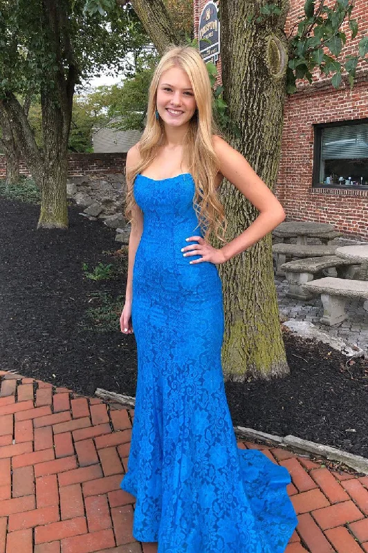 custom prom dressesElegant Straps Blue Long Lace Prom Dress with Train