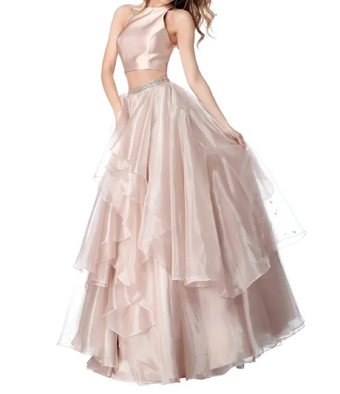 prom dresses for fallTwo-Piece Satin Top Chiffon Skirt Prom Dress In Nude