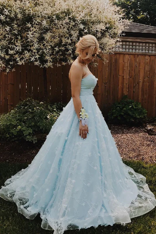 off-the-shoulder prom dressesElegant Strapless A-Line Light Blue Long Prom Dress