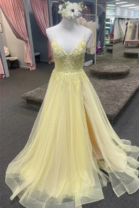 halter neck prom dressesLight Yellow Deep V Appliques Long Prom Dress with Slit