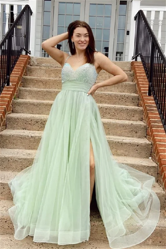 spaghetti strap prom dressesDusty Sage A-line Beaded Tulle Straps Long Prom Dress with Slit