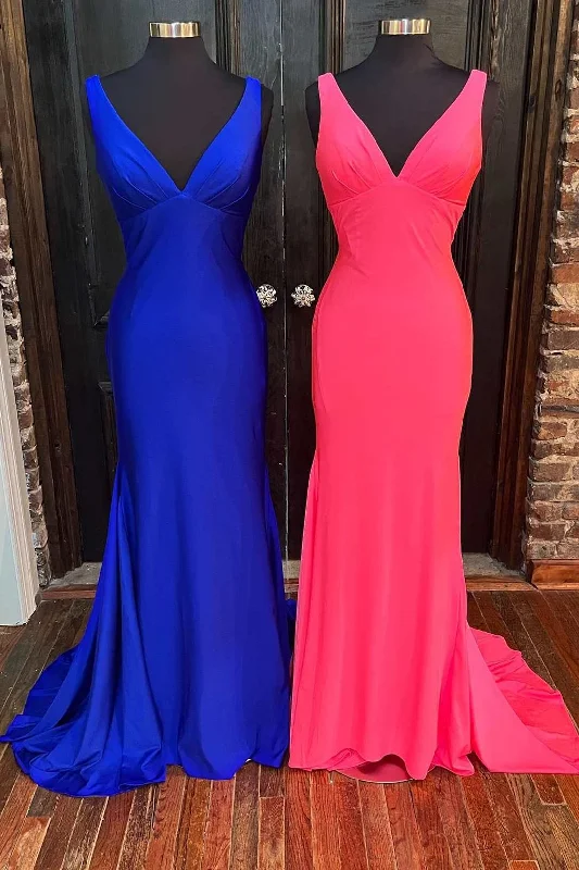 prom dress style guidesRoyal Blue V-Neck Open Back Mermaid Long Prom Dress