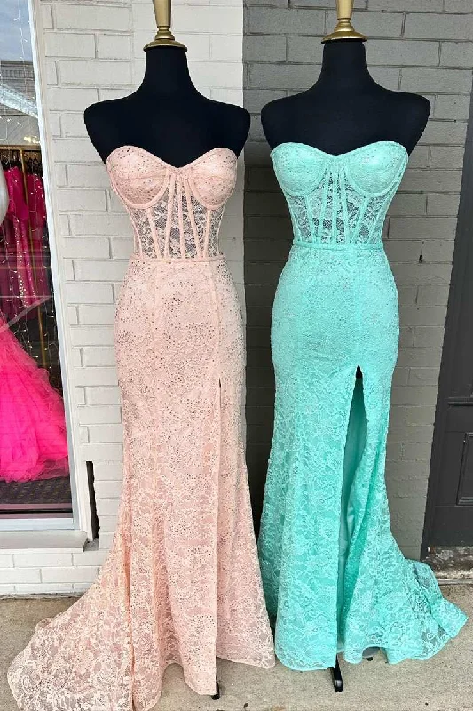 prom dresses for fallMint Green Lace Strapless Mermaid  Long Prom Dress with Slit