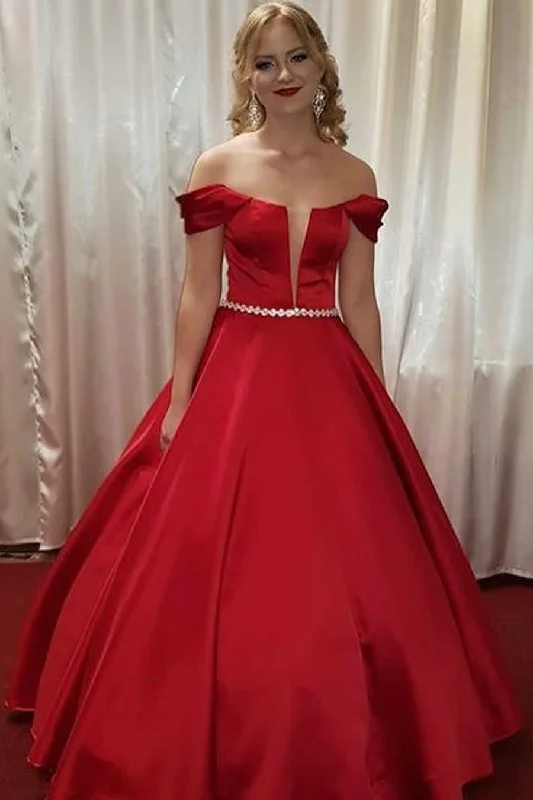 illusion sleeve prom dressesPrincess Off Shoulder Beaded A-Line Red Long Prom Dress