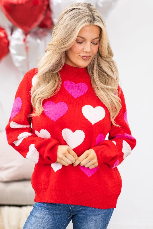 Funky SweatersRed Heart Pattern Intarsia Sweater