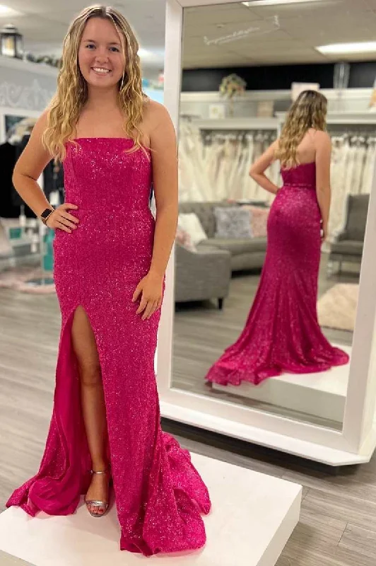 prom dresses with lace appliquésMagenta Sequin Strapless Mermaid Long Prom Dress with Slit