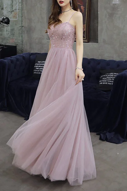 satin prom dressesElegant Spaghetti Straps A-Line Pink Long Prom Dress