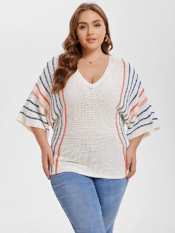 Embellished SweatersStriped Pattern Batwing Sleeve Sweater