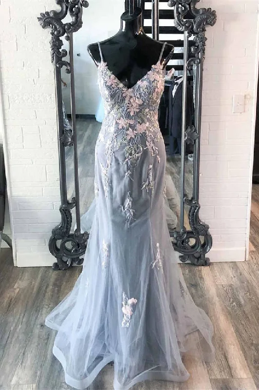 prom dresses for hourglass figuresElegant Mermaid Grey Prom Dress with Embroidery