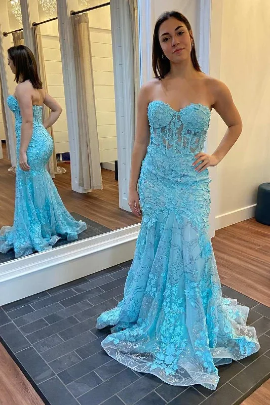 prom dresses for summerBlue Floral Appliques Strapless Mermaid Long Prom Dress