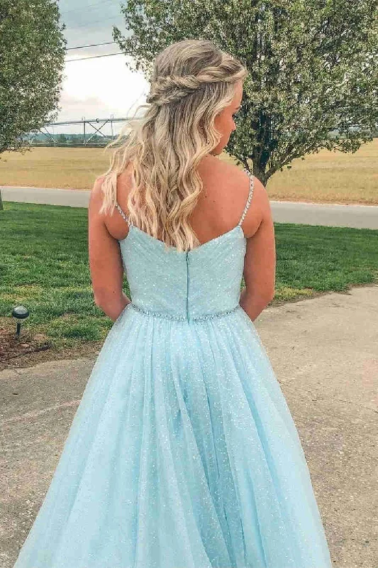 corset prom dressesGlitter A-Line Pleated Light Blue Prom Dress