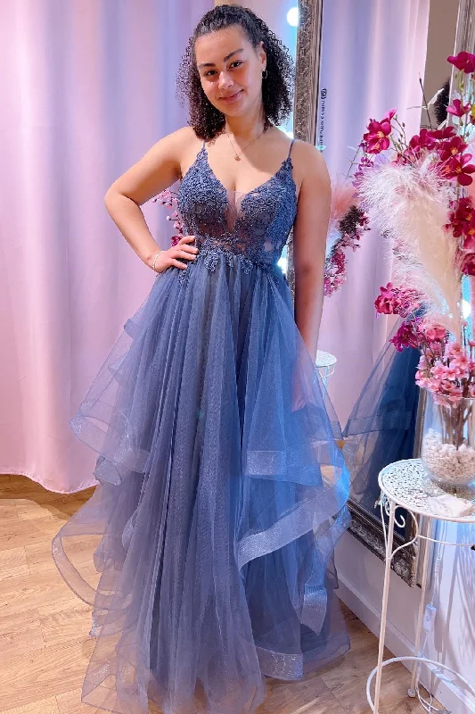 prom dress accessoriesBlue Deep V Neck Beaded Appliques Multi-Layers Long Prom Dress