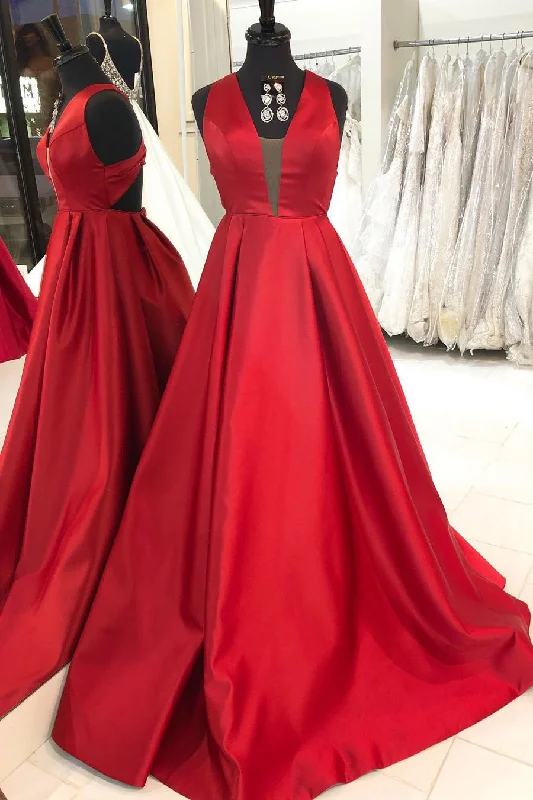 maxi prom dressesSimple A-Line Satin Red Long Prom Dress