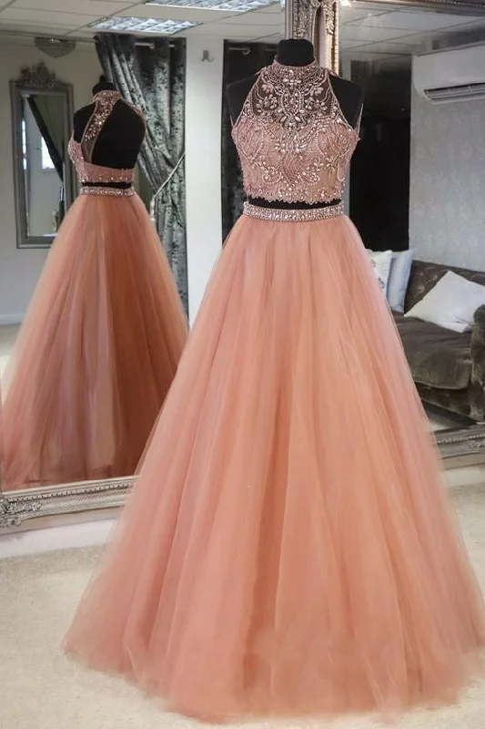 sweetheart neckline prom dressesElegant Halter Two Piece Beaded Peach Long Prom Dress