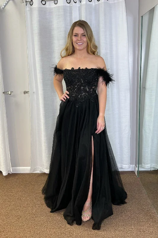 thigh-high slit prom dressesBlack Tulle Off-Shoulder Applique Slit Long Prom Dress