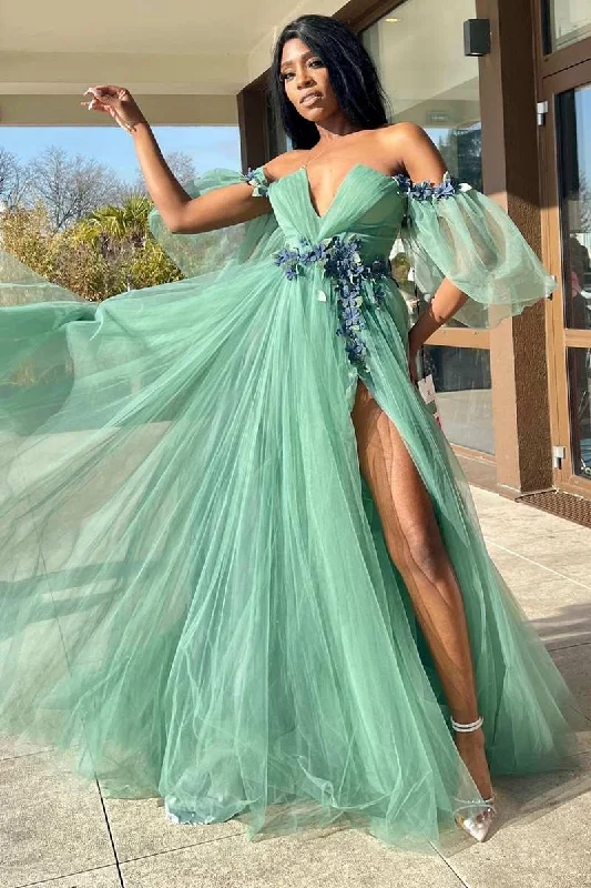 prom dresses with illusion panelsGreen Tulle 3D Floral Lace Off-the-Shoulder A-Line Long Prom Dress