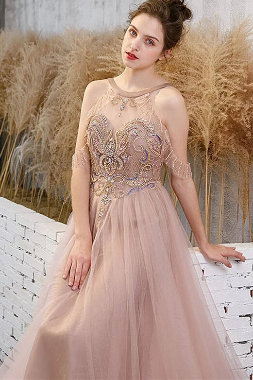 maxi prom dressesElegant Beaded A-Line Dusty Rose Long Prom Dress