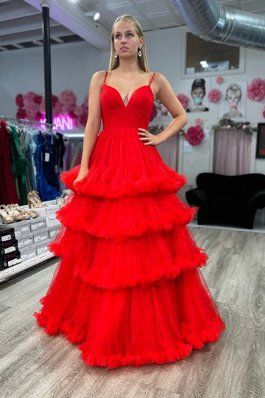 high-low prom dressesRed A-line Ruffle Layers Plunging V Neck Straps Long Prom Dress