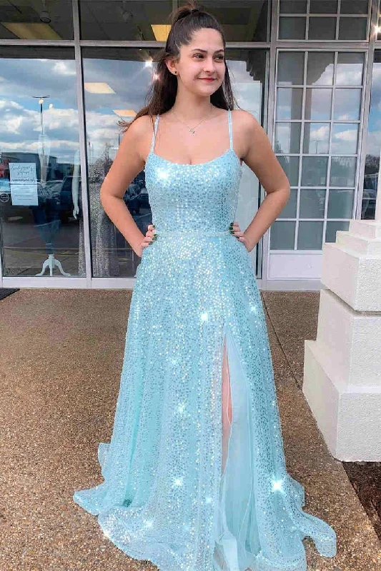 prom dress preservationLight Blue Side Slit Long Prom Dress with Sequins