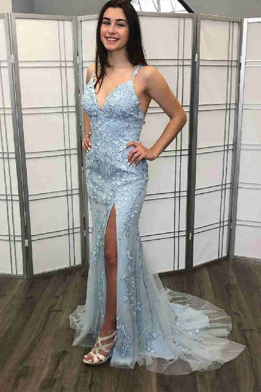 two-piece prom dressesLight Blue Side Slit Prom Dress with Appliques