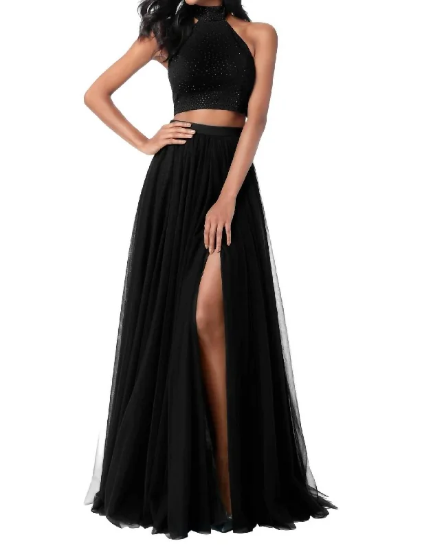 prom dresses with lace appliquésTwo-Piece Beaded Prom Dress In Black