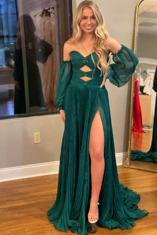 prom dress fitting adviceHunter Green Rhinestones Strapless A-Line Prom Dress with Sleeves