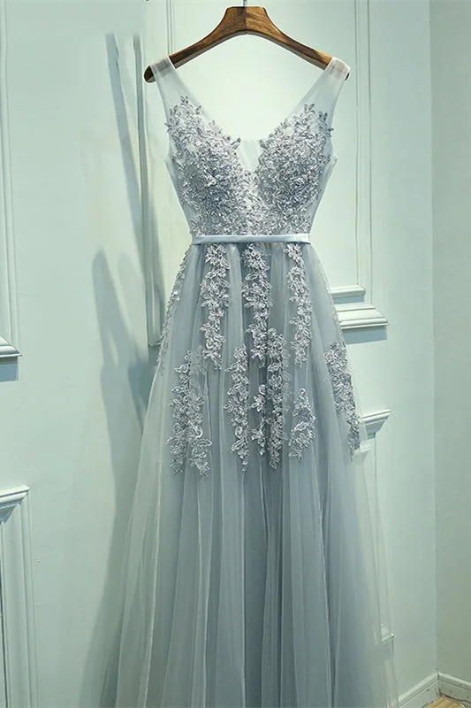 lace-up prom dressesA-line Tulle Grey Long Prom Dress