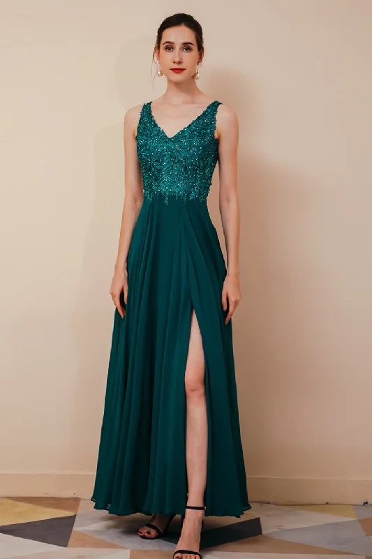 fitted prom dressesGreen A-line Chiffon and Lace Appliques Long Prom Dress