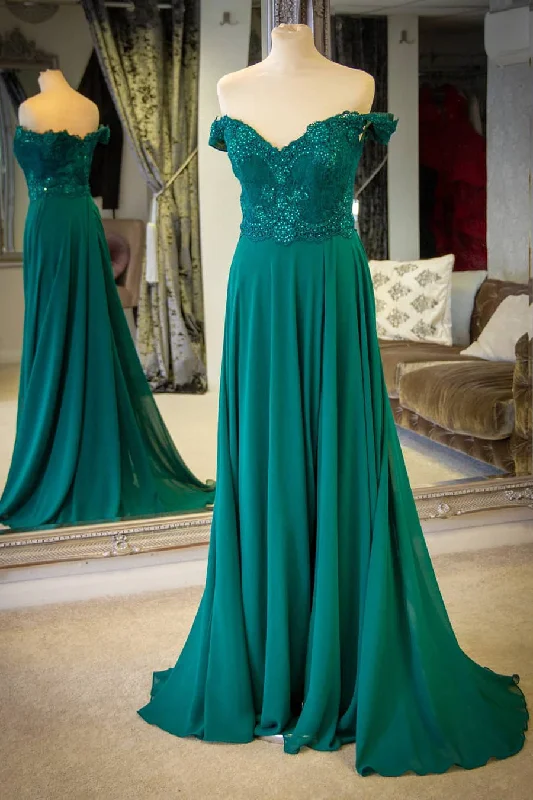 metallic prom dressesOff the Shoulder A-Line Chiffon Emerald Green Prom Dress