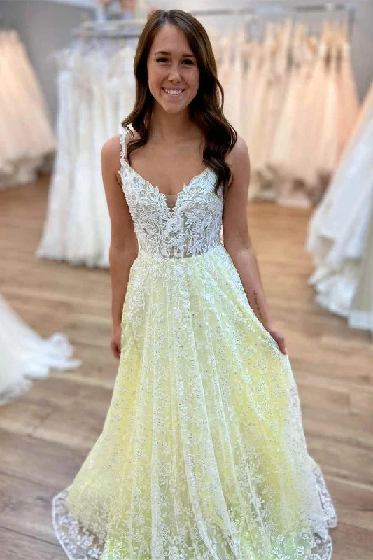 prom dresses with illusion panelsSpaghetti Straps V-Neck Yellow Lace Long Prom Dress