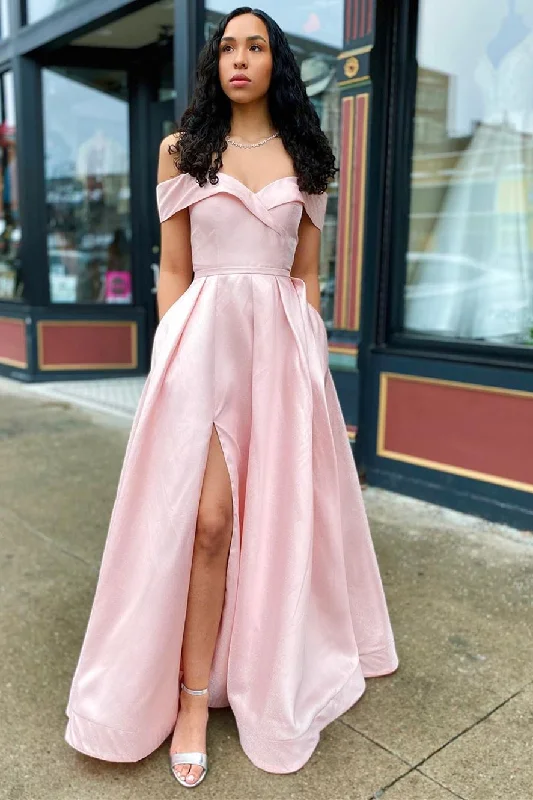 high-slit prom dressesOff the Shoulder Pink Long Prom Dress with Slit