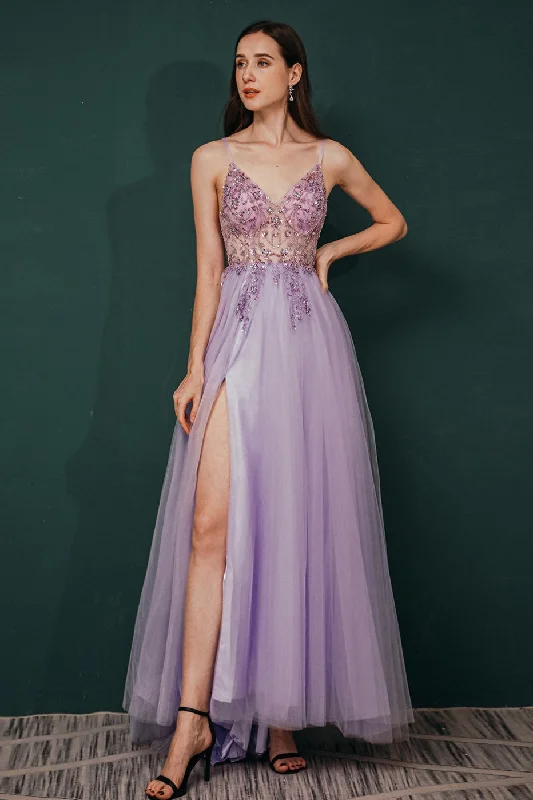 luxury prom dressesLight Purple A-line Rhinestones Tulle Long Prom Dress