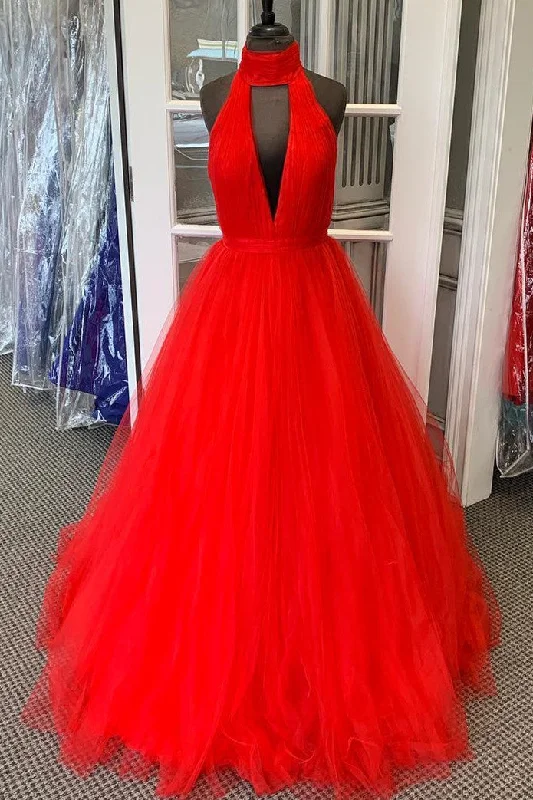 mermaid prom dressesHalter Ruched Long Red Prom Dress with Open Back