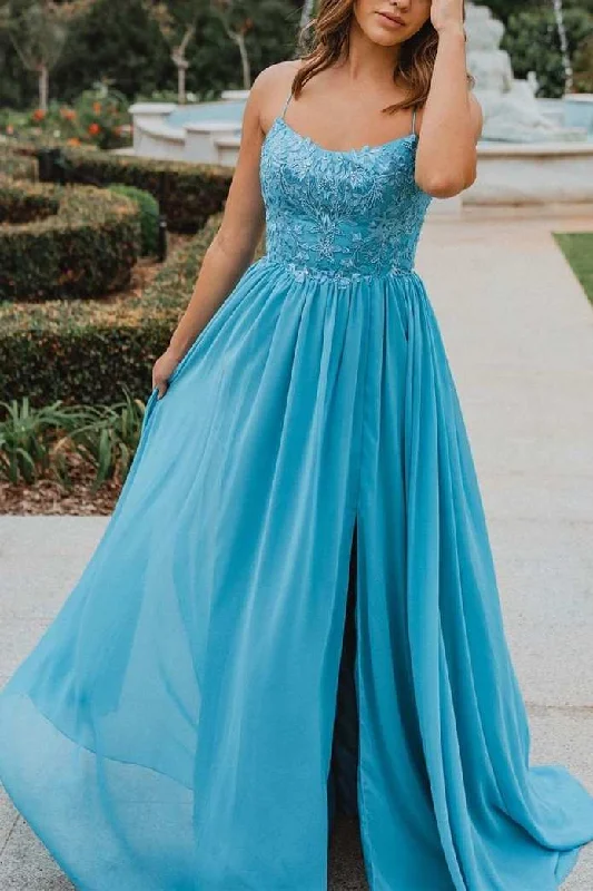 floral prom dressesBlue A-line Appliques Chiffon Long Prom Dress