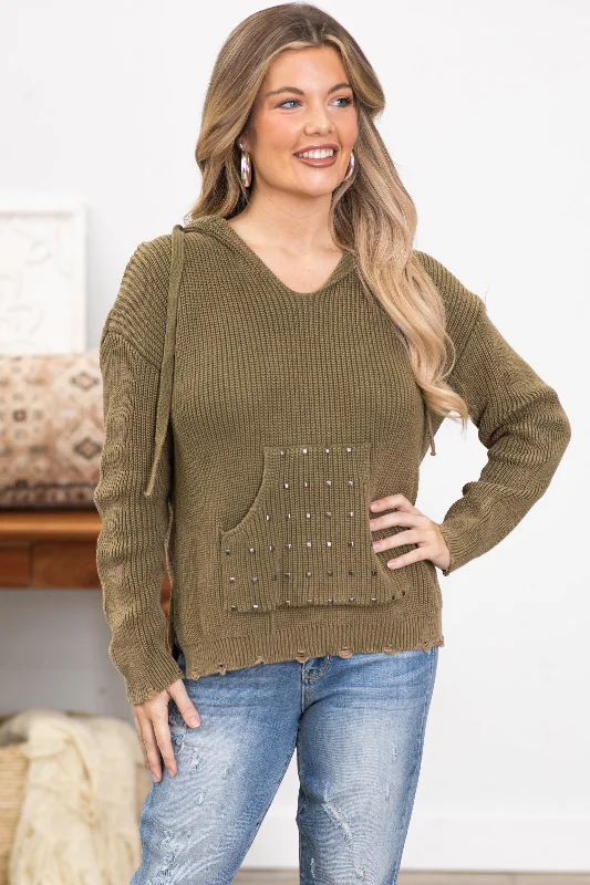 Oversized Cardigan SweatersOlive Hooded Sweater With Studded Pocket